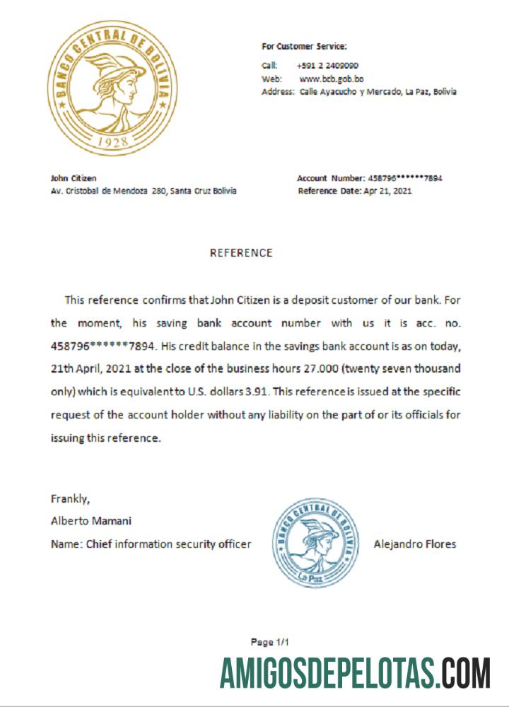 Referência do Banco Central da Bolívia da Bolívia exemplo real